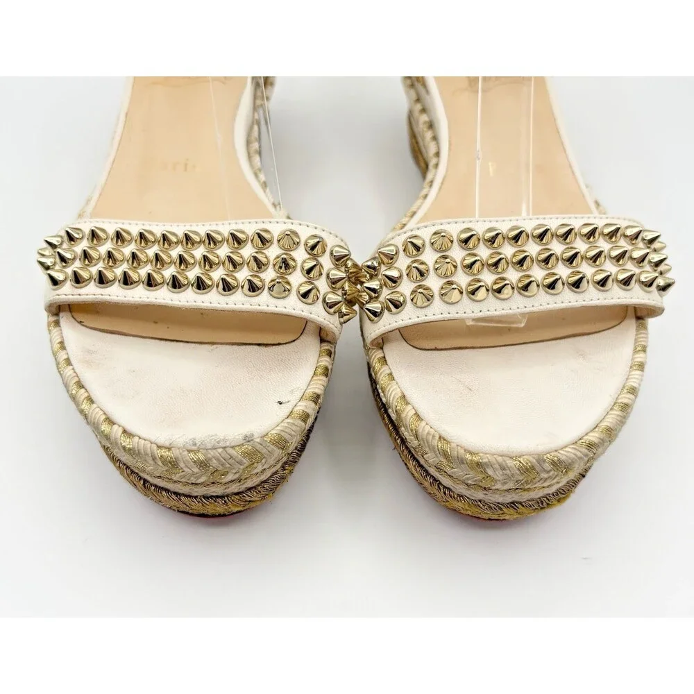 Christian Louboutin Madmonica 60 White Leather Gold Spike Wedge Espadrille EU 37